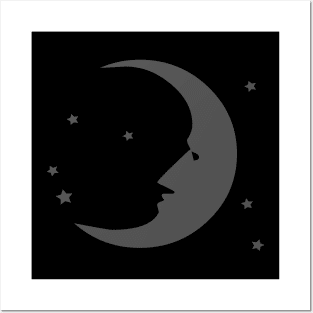 Crescent Moon Face and Stars Posters and Art